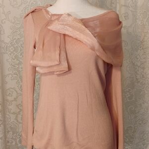 Elegant Pink Long Sleeve Top with Statement Chiffon Front Bow